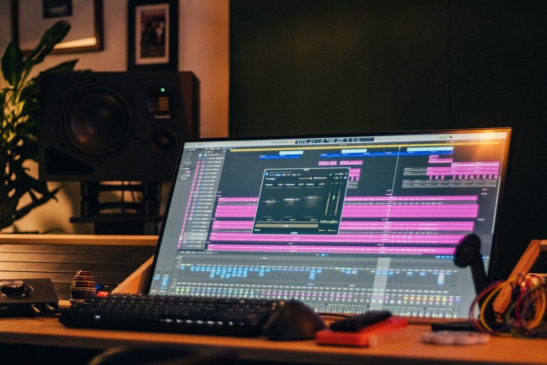 Audio editing on computer screen with waveforms in post-production